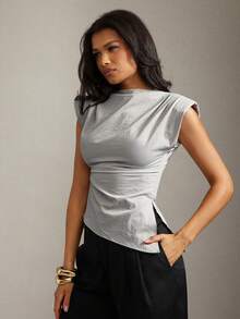 Hauture Old Money Sexy Business Casual Shoulder Pad Asymmetric Hem Tank Top For Women – Elegant Solid Sleeveless Office Lady Minimalist Blouse, Fitted Workwear, Chic Formal Summer Top