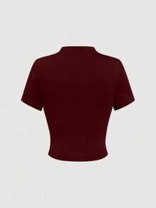 Velvienne 2pcs/Set Women's Commute Ruched Knit Burgundy Short Sleeve Top And Loose Long Skirt Set, Plus Size, Spring/Summer