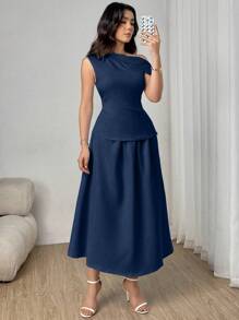 Modelyn 2pcs Set Solid Color Asymmetric Collar Blouse And Skirt - Navy Blue - View 3