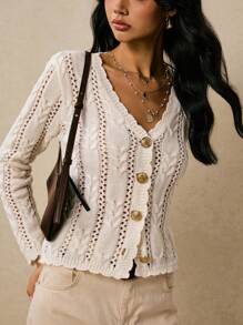 Poéselle Countryside Style Apricot Color Hollow Out Long Sleeve Knitted Cardigan In Fall/Winter - Apricot - View 6