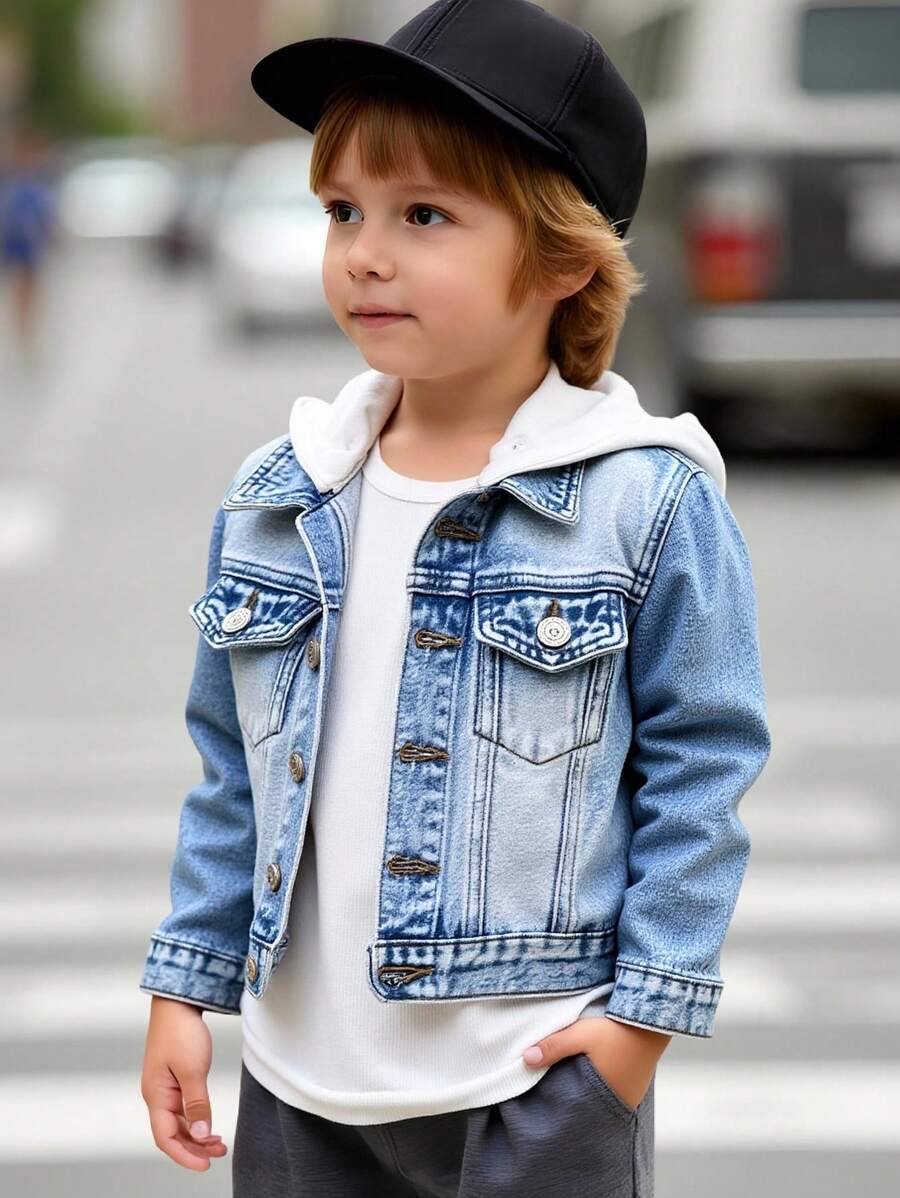 年轻男孩牛仔夹克，新时尚休闲洗水牛仔外套 - 藍色 - 查看 1