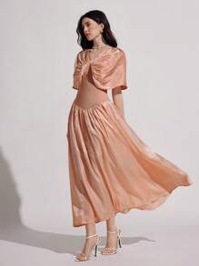 Modelyn 女式长款闪亮雪纺披肩袖优雅浪漫连衣裙，春夏 - 粉色 - 查看 7