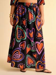 CAJUNI Falda larga estampada con corazones de colores, estilo bohemio, para vacaciones, casual, playa, verano, para mujer tallas grandes, color negro