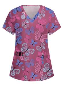 PopScrub Top de uniforme de scrub con diseño de mariposa colorida y lindo - Multicolor - Ver 3