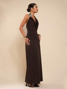 COSMINA Women's Solid Color Draped Neck Stone Linked Bodycon Dress - Brown - View 6