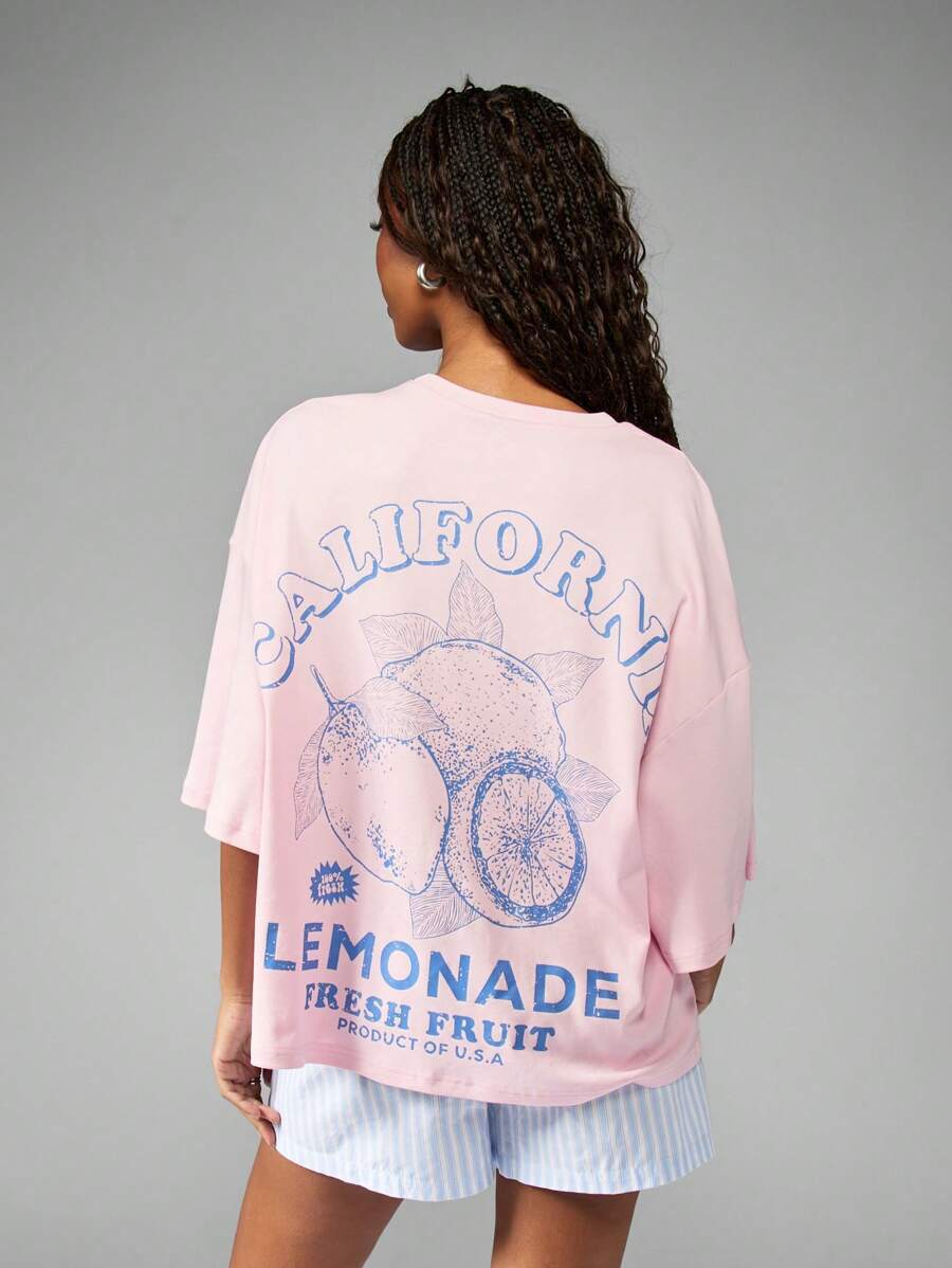 MISSGUIDED Áo thun họa tiết mùa hè cỡ lớn California Lemonade Fresh Fruit Casual Streetwear College Campus Weekend Style Comfort Fashion - Hồng - Xem 1