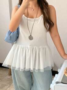 Dazy Plus Plus Size White Mesh Patchwork Tank Top,Babydoll Top - White - View 8