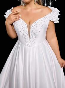 Glamrae Vestido de novia de línea A con escote en V profundo, manga de nubes con volantes, decorado con cristales y parches, con cola, elegante y romántico, para tallas grandes - Blanco - Ver 2