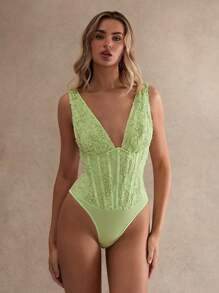 Glamine Women's Elegant 3D Floral Decor Sleeveless Corset  Bodysuit, Summer,Bodysuits For Wome,Summer Outfits For Women,Corset Bodysuit For Women, Lace Bodysuit, Green Bodysuit