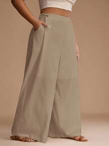 SHEIN Unity 女士大码白色夏季休闲度假宽松长裤/亚麻长裤/夏季长裤/白色女裤/阔腿女裤/双扣设计/大码正装裤/通勤上班 - 杏色 - 查看 3