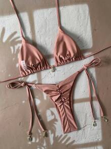 Swim Vcay Bộ đồ bơi bikini 2 mảnh gợi cảm màu trơn cho kỳ nghỉ xuân dành cho nữ - màu nâu - Xem 2