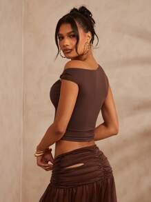 Hauture Áo ba lỗ thời trang bó sát, viền bất đối xứng màu trơn cho nữ, mùa hè - màu nâu - Xem 5