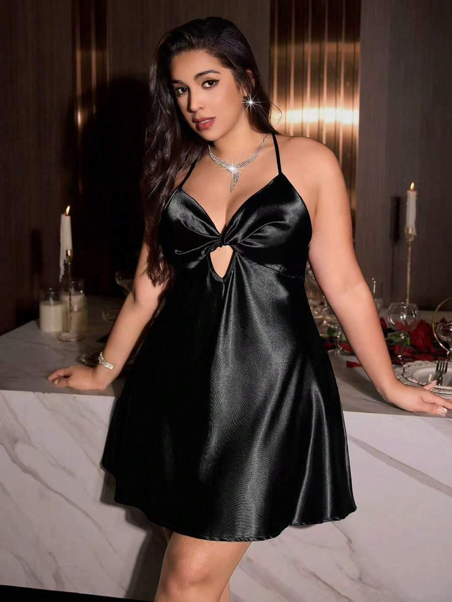 SHEIN Plus Size Women Navy Blue Faux Silk Sexy Backless Nightgown, Plus ...