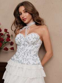 SHEIN Unity Elegant Jacquard Jacquard Fabric Underwire Contrast Lace Back Tie Up Racerback Sports Bra Top For Women, Summer - White - View 4