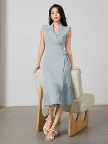 Heiryn 女士纯色褶裥交叉系带无袖中长连衣裙 - 藍色 - 查看 6