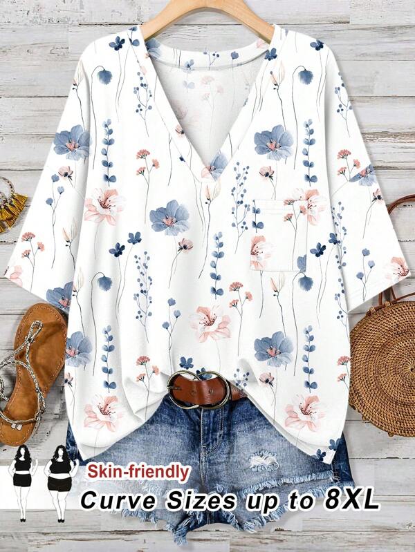 SHEIN CURVE+ Kurvenreich Große Größen/Herbstkleidung/Winterkleidung für Damen/Winterkleidung Damen Große Größen Frühling Lässig Romantisch Floral & Blumen Muster Muster Locker Sitzende T-Shirt, geeignet für den Sommer
