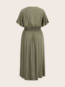 SHEIN BASICS Plain Woven V-Neck Short Sleeve Side Slit Long Dress, Plus Size - Army Green - View 2