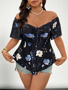 SHEIN VCAY Artı Omuz Açık Bağcıklı Ön Tişört - Siyah - Görünüm 4