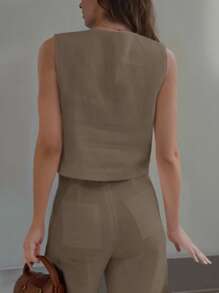 INAWLY Women's Solid Color V-Neck Single-Breasted Casual Vest Jacket - Coffee Brown - View 5