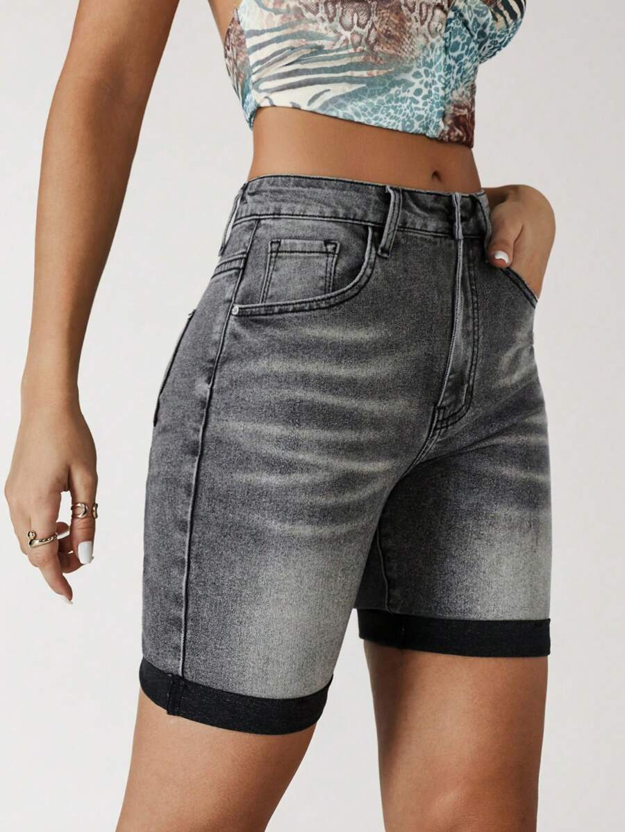 Jeanoix Shorts vaqueros ajustados de verano con bolsillo y ribete de color contrastante - Gris - Ver 1