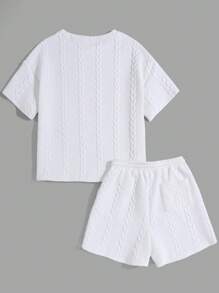 SHEIN Teen Girls' White Textured Knit Jacquard Loose Fit Woven Label T-Shirt And Shorts Casual Outfit 2pcs/Set - White - View 3