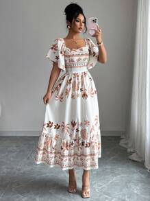 Modelyn Đầm midi tay ngắn in kỹ thuật số cạp chun eo cho nữ - Nhiều màu - Xem 4