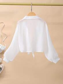 SHEIN Girls Big Tween Girl' Plain Lightweight Summer Button Up Shirt Fall Winter - White - View 2