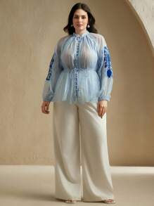 Anewsta 女士加大码刺绣系腰衬衫，优雅通勤休闲上衣