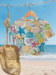 Áo thun nữ tay ngắn in kỹ thuật số Vogue Ocean mùa hè, họa tiết vỏ sò nhiệt đới xanh Bali và sao biển - Màu xanh bạc hà - Xem 2