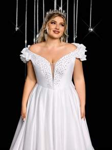 Glamrae Vestido de novia de línea A con escote en V profundo, manga de nubes con volantes, decorado con cristales y parches, con cola, elegante y romántico, para tallas grandes - Blanco - Ver 4