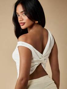 MISSGUIDED Off Shoulder Knit Vest Top Summer Twist Back Design Crop Length Texture Ribbed Casual Versatile Resort Party Festival Fashion - White - View 1