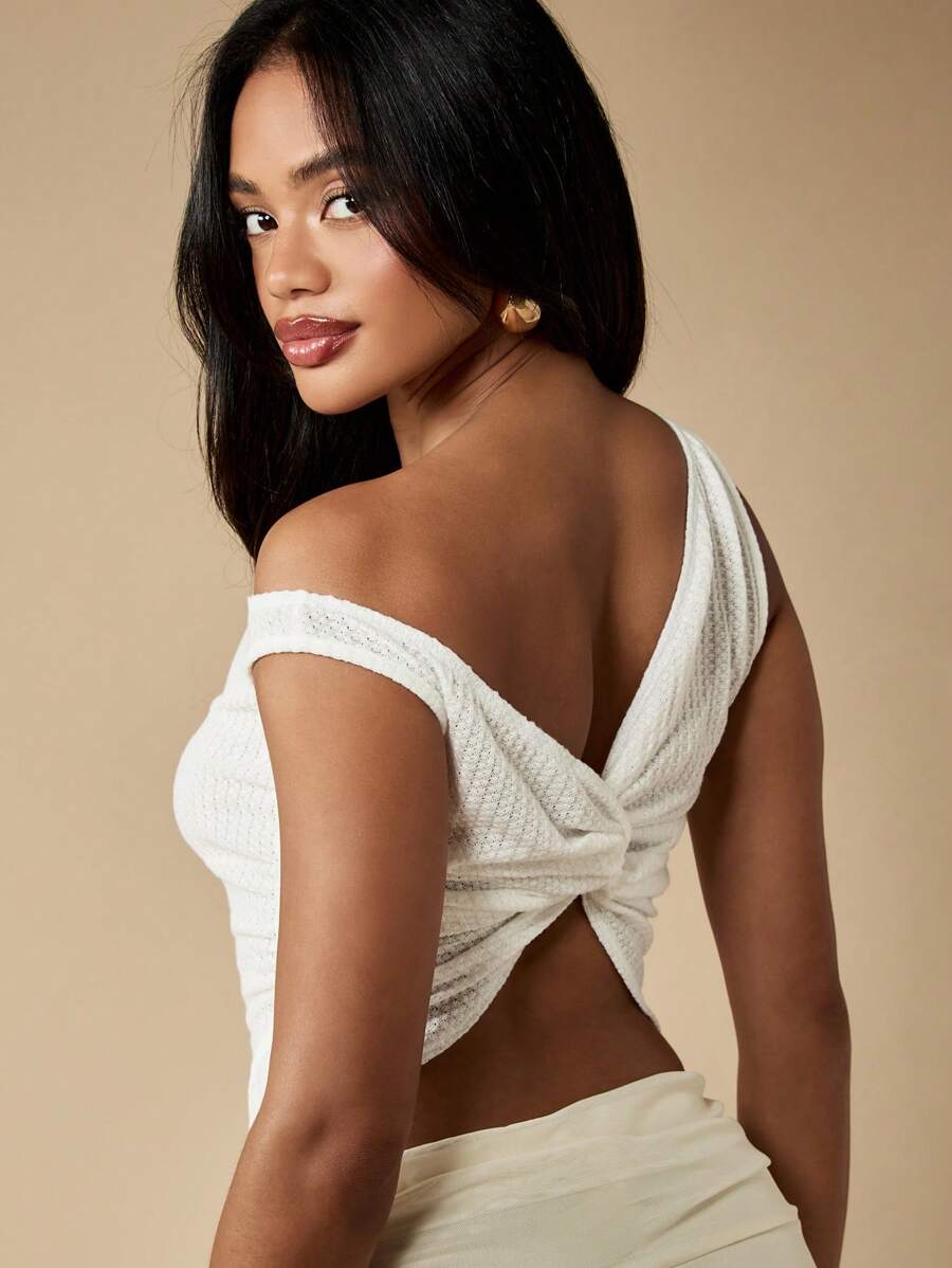 MISSGUIDED Off Shoulder Knit Vest Top Summer Twist Back Design Crop Length Texture Ribbed Casual Versatile Resort Party Festival Fashion - White - View 1