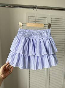 Genkimix Kids Falda casual de verano con estampado de rayas, cintura con cordón y volantes escalonados para niña