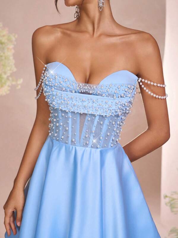 Lovelzi Rochie mini elegantă și luxoasă, albastru deschis, tricotată elastic, lucrată manual cu perle, cu umeri și talie strânsă, sexy, transparentă, mulată, potrivită pentru întâlniri, petreceri pentru celibatari, baluri