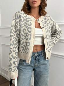 EURMUSE 女式豹纹前扣罗纹开衫 - 彩色 - 查看 1