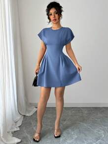 Elenzga Đầm mini cổ tròn tay ngắn thanh lịch màu trơn cho nữ mùa hè - Màu xanh bụi bặm - Xem 6