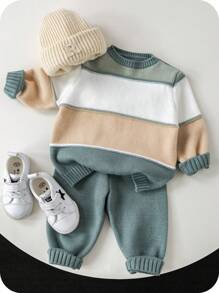 SHEIN 2pcs/Set Baby Boy/Girl Casual Dropped Shoulder Striped Crew Neck Sweater Top And Ribbed Cuff Pants Outfit, Suitable For Autumn/Winter Wear, Both Home And Outdoor