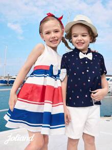 Joliand Joliand Set de 2 piezas con blusa de polo de manga corta con estampado de faro y pantalón corto blanco, un conjunto elegante y urbano adecuado para uso casual diario, viajes y playa, para jóvenes y niños.