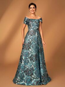 优雅奢华的织锦露肩保守 A 字裙，适合婚礼、派对、节日、舞会、晚礼服、新娘母亲 - 藏蓝色 - 查看 7