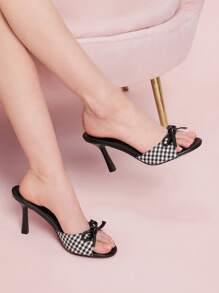 CUCCOO DOLLMOD Women's Plaid & Black PU Mixed Bow Decor Comfortable Round Toe High Heel Mule Sandals