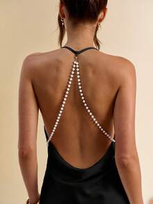 SHEIN BAE 女式白色纯色垂坠领露背珍珠链装饰迷你连衣裙，适合毕业季和婚礼季 - 黑色 - 查看 3