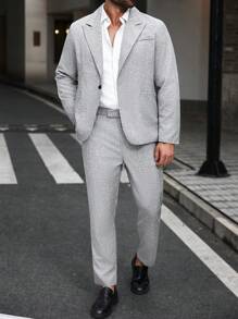 Manfinity Mode 大码男士亚麻长袖夹克和裤子套装 - 灰色 - 查看 4