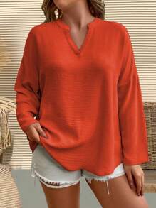 EMERY ROSE Plus Size Women Woven Solid Textured Deep V Neck Drop Shoulder Long Sleeve Curved Hem Casual Blouse, Spring/Summer Fall Cloth For Women