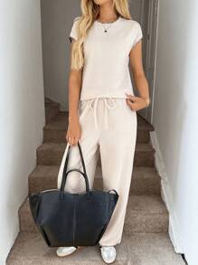 Easowa Sets For Women Clothing 2 Pieces Travel Outfits Spring Summer Matching Lounge Sets Casual Sets - Apricot - View 5