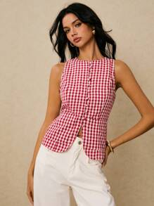 Poéselle 女式简约日常格子口袋腰部无袖衬衫 - 紅白色 - 查看 5