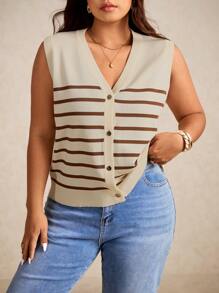 Elaquor 大码夏季休闲条纹针织背心，商务休闲女装，秋冬女士教师装 - 卡其色 - 查看 6