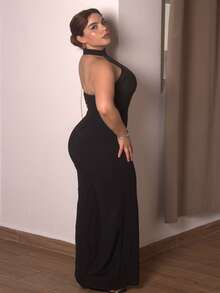 Lupita Cardoza Solid Halter Neck Wide Leg Jumpsuit - Black - View 3