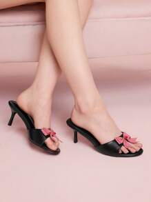 CUCCOO DOLLMOD Black PU + Red & White Plaid Bow Cherry Detail Stylish Cute Slip-On Closed Toe High Heel Sandals