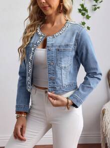 EMERY ROSE Women's Faux Pearl Front Button Denim Jacket, Long Sleeve