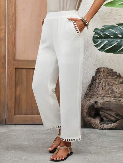 EMERY ROSE Pantalones casuales de resort para mujer de unicolor, pantalones estrechos de verano, pantalones blancos para mujer con bolsillos